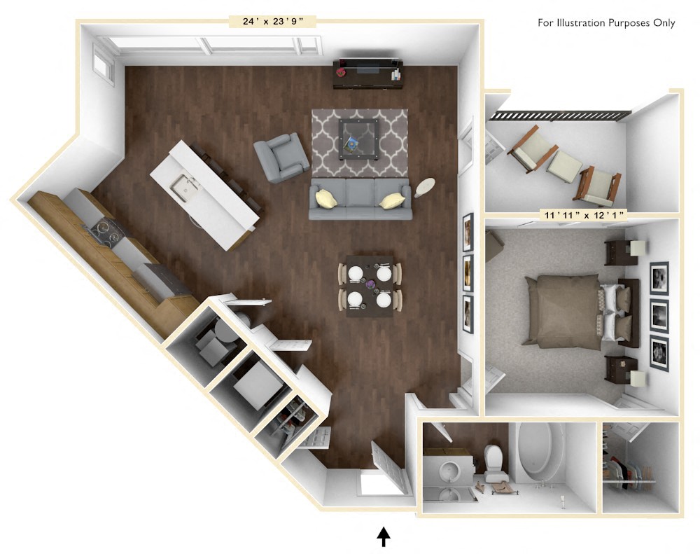 Floor plan for 1 bed, 1 bath, 895 sqft